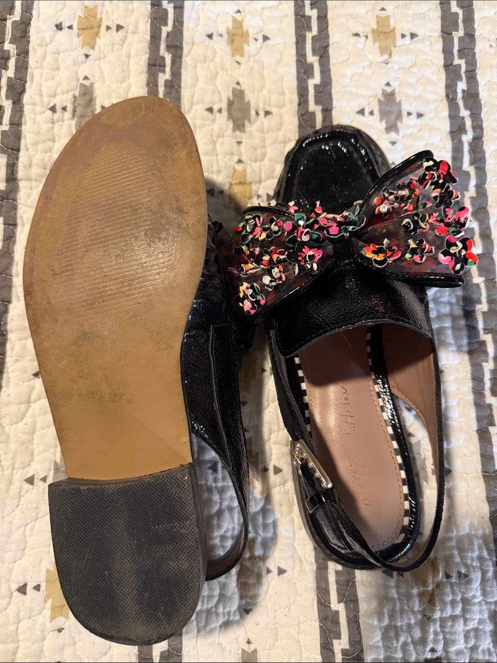 Betsy Johnson Black Patent Slingback Flats with Multicolor Floral Bow - Picture 6 of 6